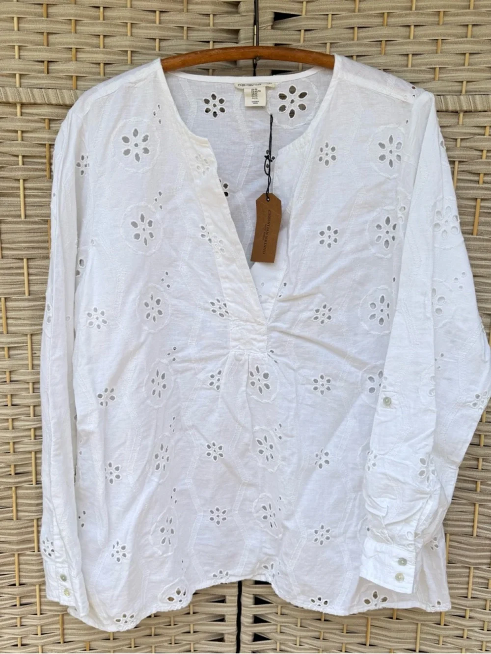 NWT CHRISTIAN SIRIANO Linen blend White Eyelet Tunic Top Size XL Coastal Beach - Picture 5 of 10